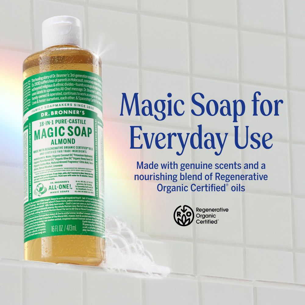 Dr. Bronner's almond castile oil bottle highlights organic oils and sustainability.
