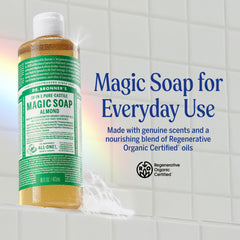 Dr. Bronner's almond castile oil bottle highlights organic oils and sustainability.