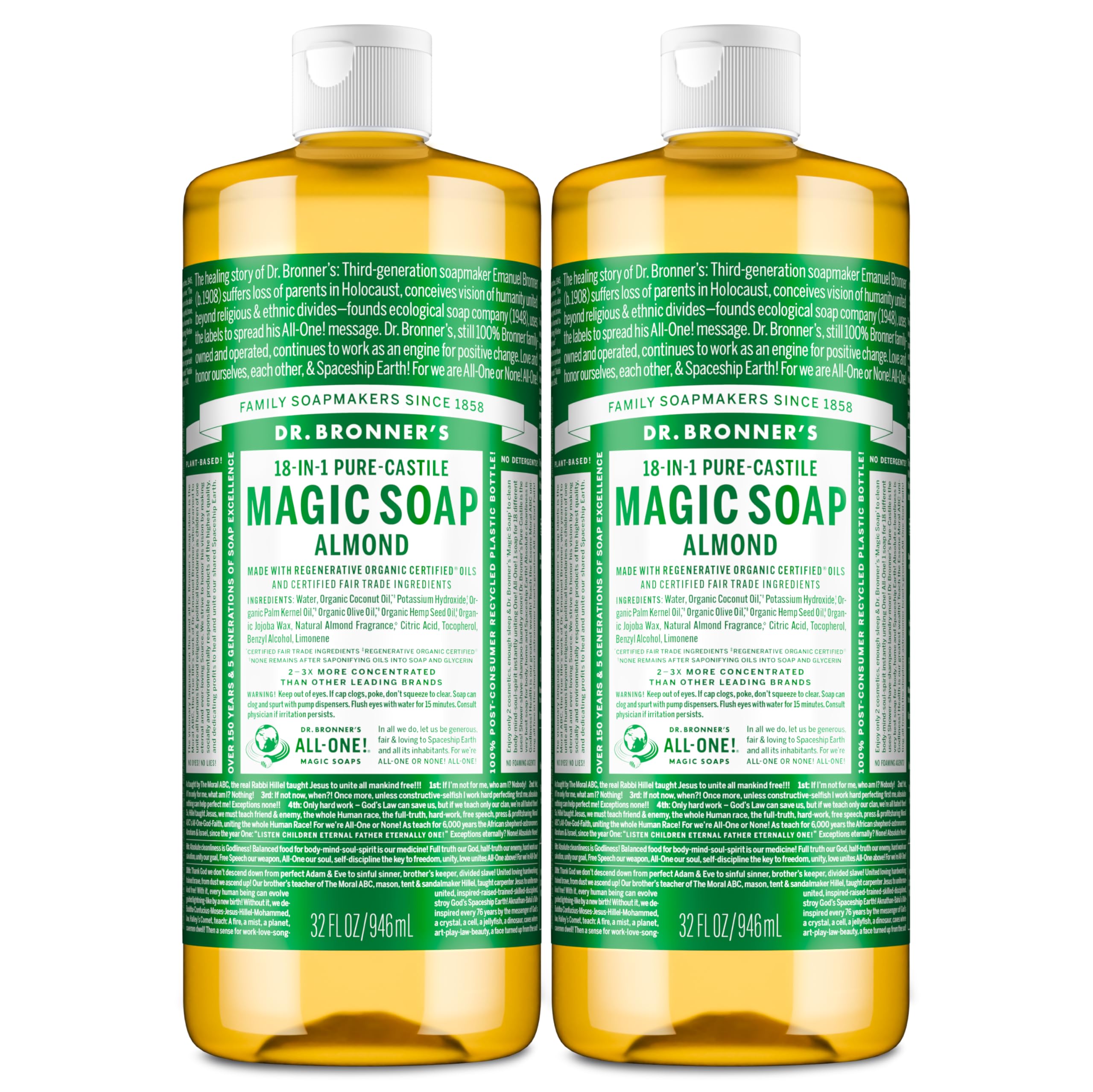 Dr. Bronner's Pure-Castile Almond bottle pouring for multi-use cleaning.