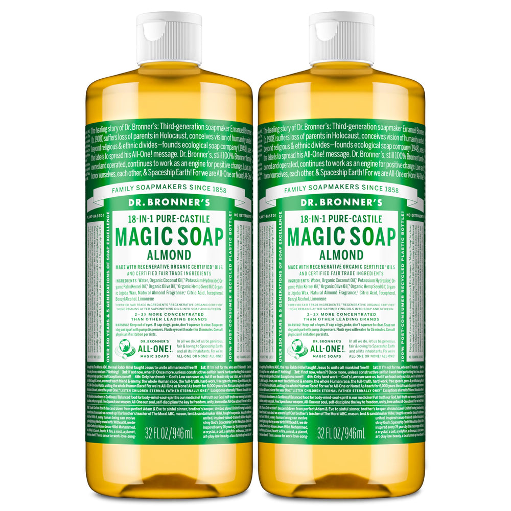 Dr. Bronner's Pure-Castile Almond bottle pouring for multi-use cleaning.
