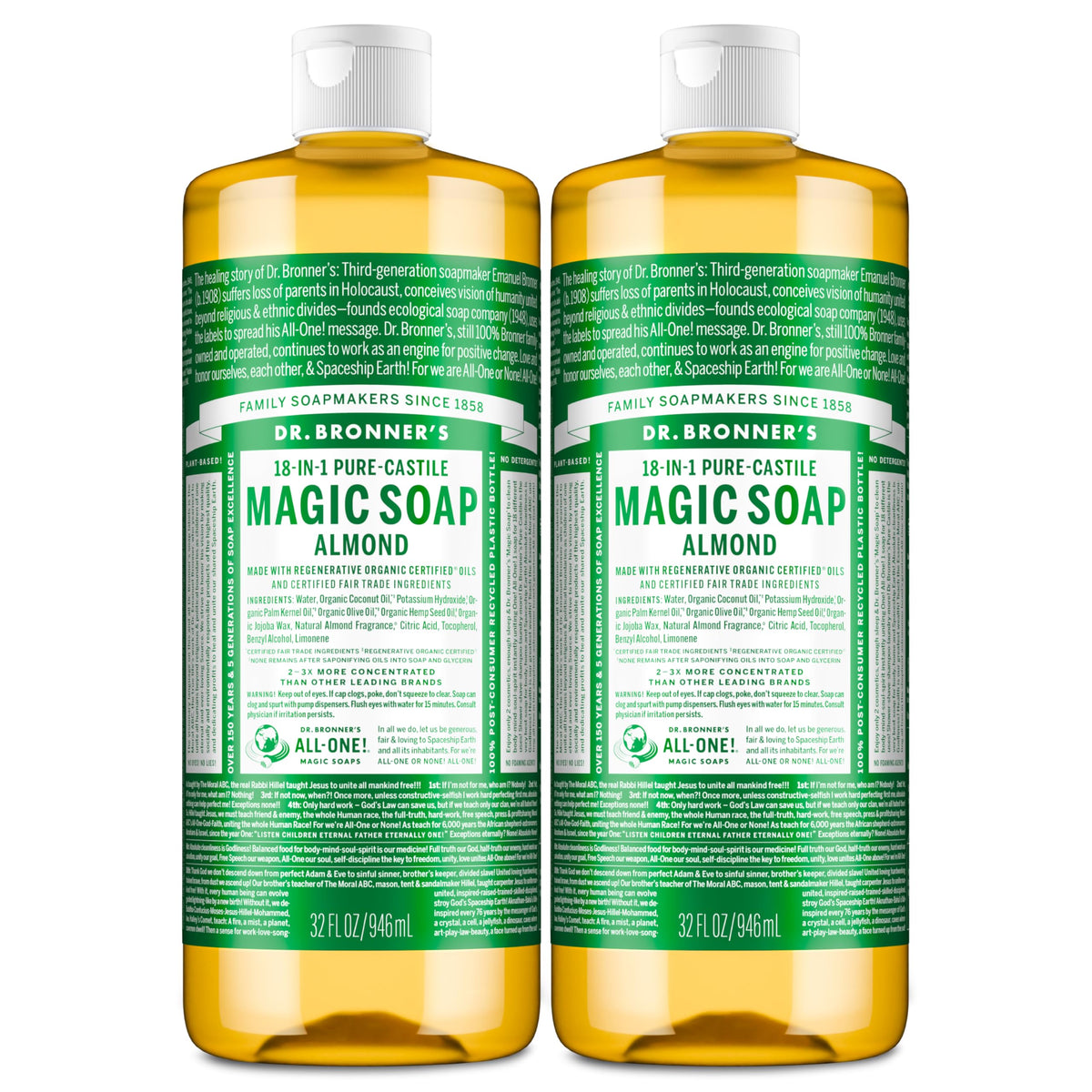 Dr. Bronner's Pure-Castile Almond bottle pouring for multi-use cleaning.