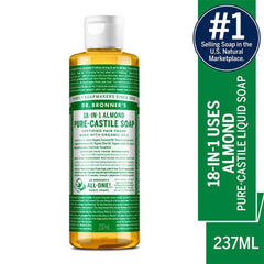 Dr. Bronner's Almond Castile bottle-pour shows concentrated formula for dilution.