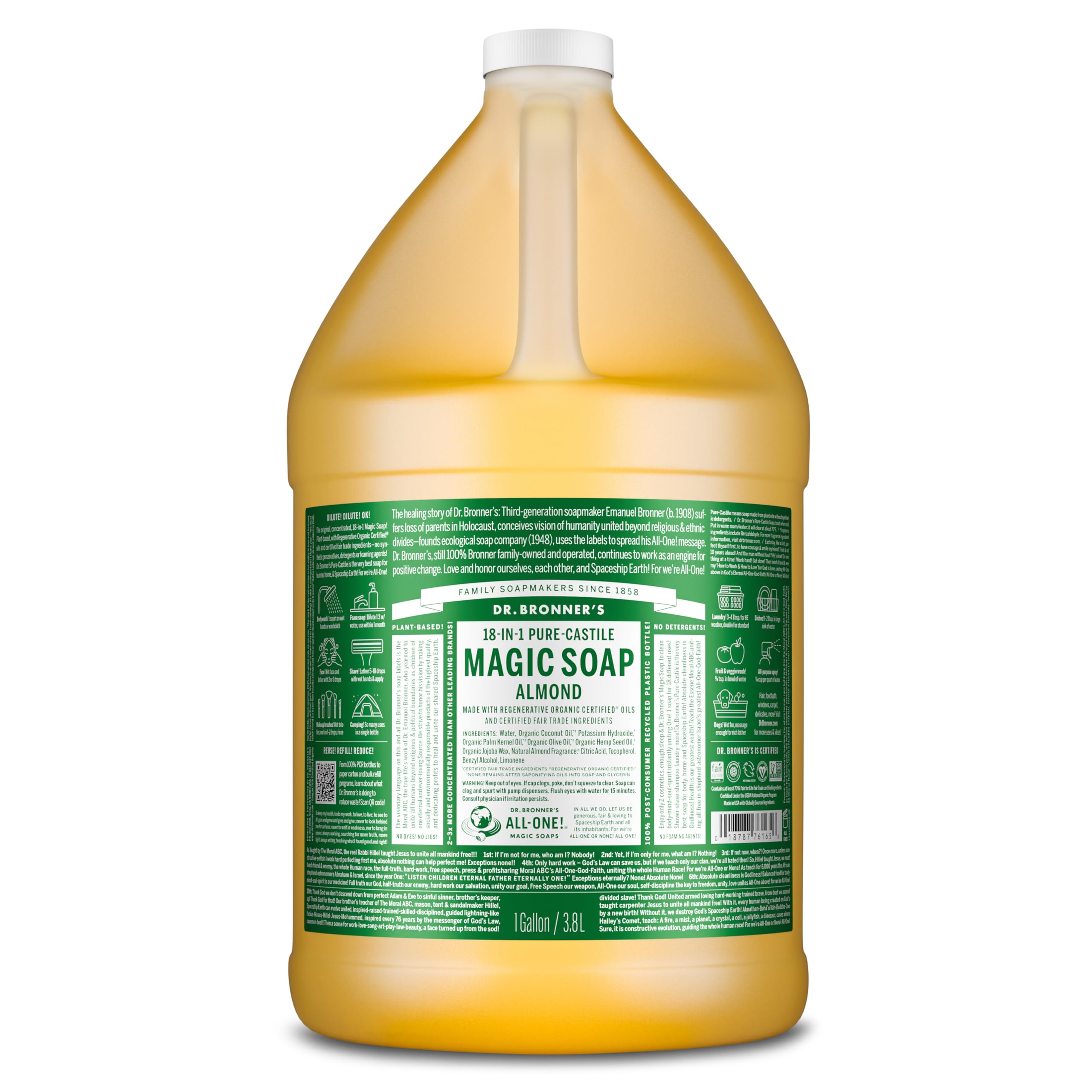 Dr. Bronner's Pure-Castile Almond bottle offers gentle cleansing for face and body.