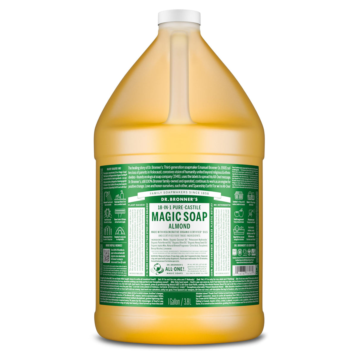 Dr. Bronner's Pure-Castile Almond bottle offers gentle cleansing for face and body.