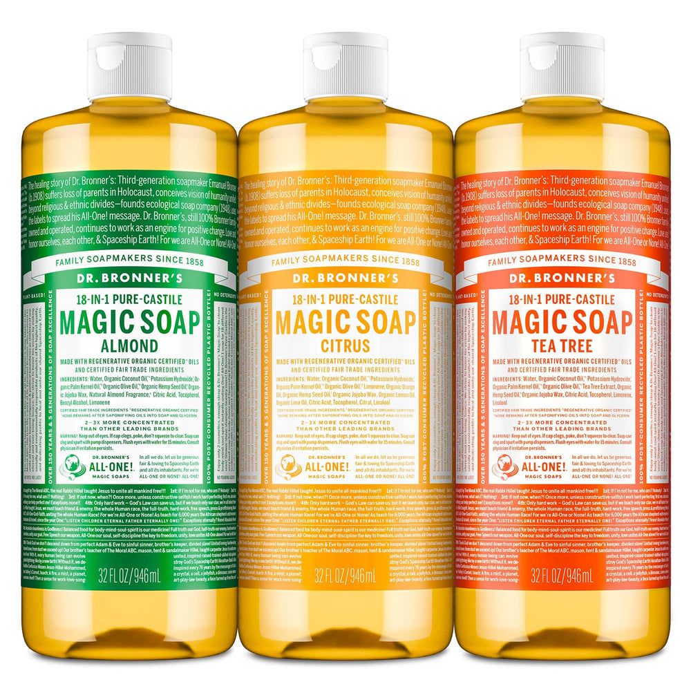 Dr. Bronner's almond castile soap bottle with rich lather for skin.