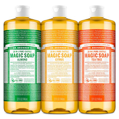 Dr. Bronner's almond castile soap bottle with rich lather for skin.