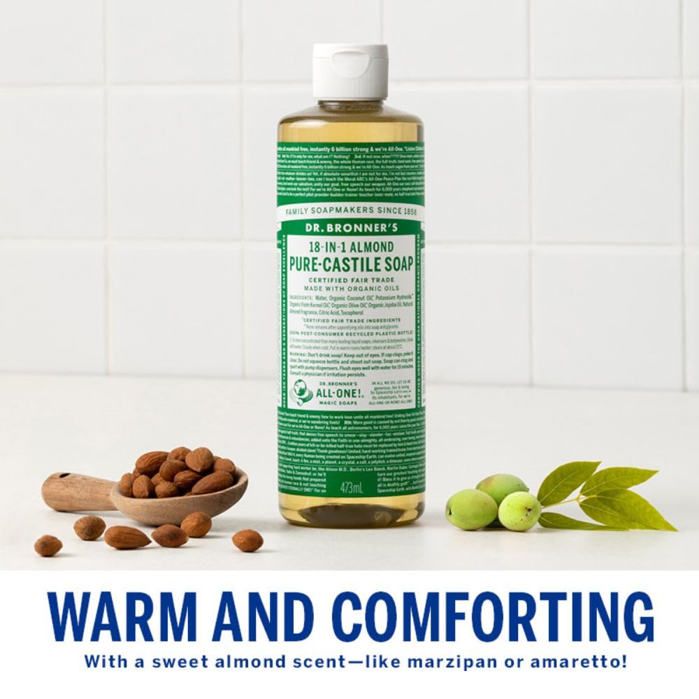 Dr. Bronner's Almond Castile ingredients-photo emphasizes plant-based oils and vegan composition.