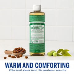 Dr. Bronner's Almond Castile ingredients-photo emphasizes plant-based oils and vegan composition.