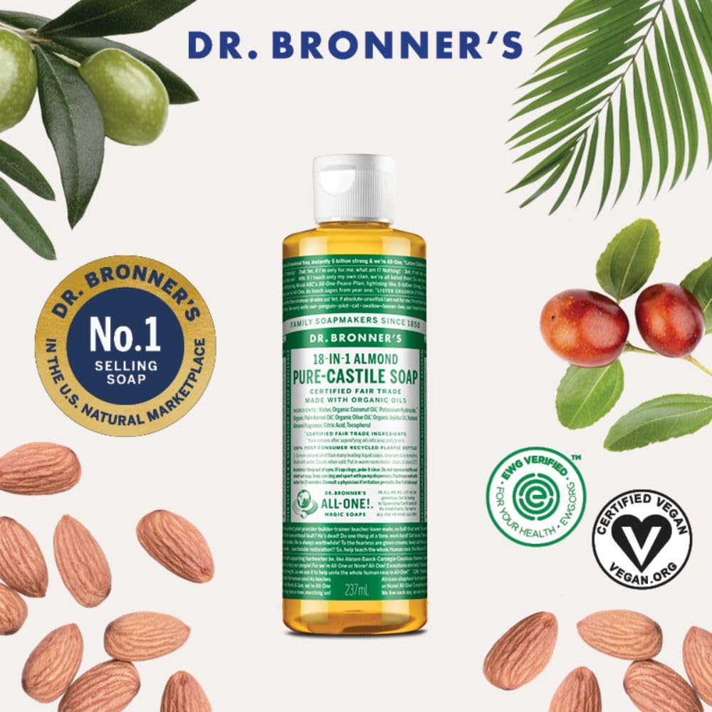 Dr. Bronner's Almond Castile label-closeup highlights organic ingredients and fair-trade sourcing.