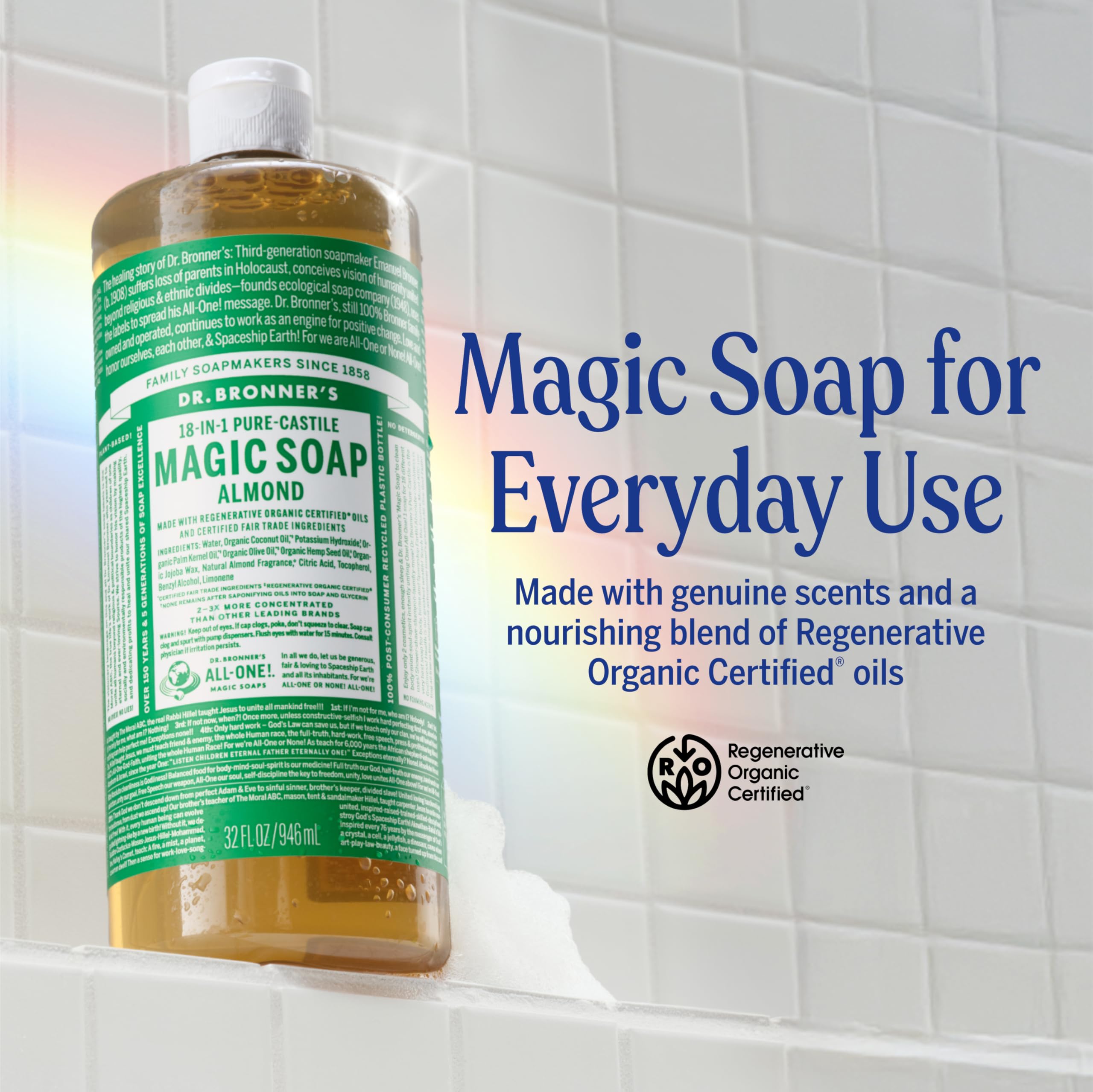 Almond castile soap lather showing rich foam for skin and hair.
