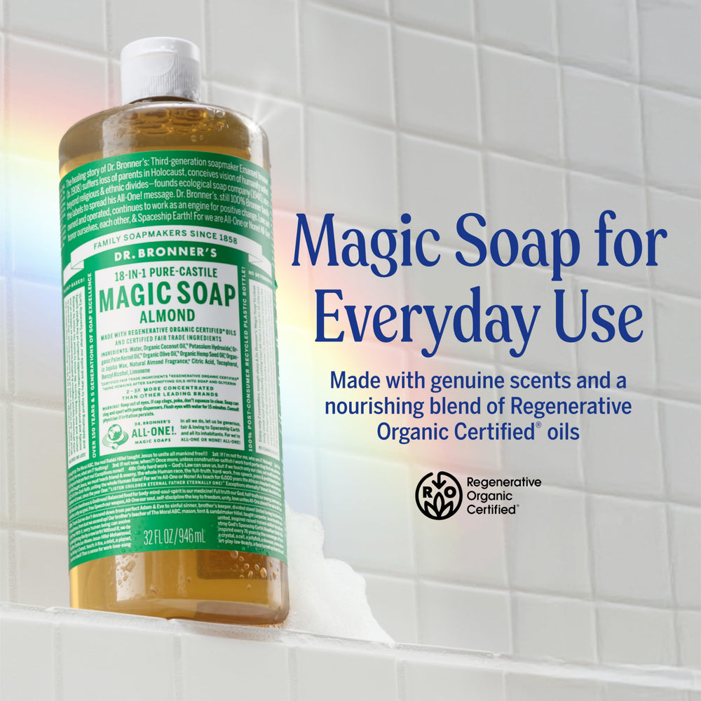 Almond castile soap lather showing rich foam for skin and hair.