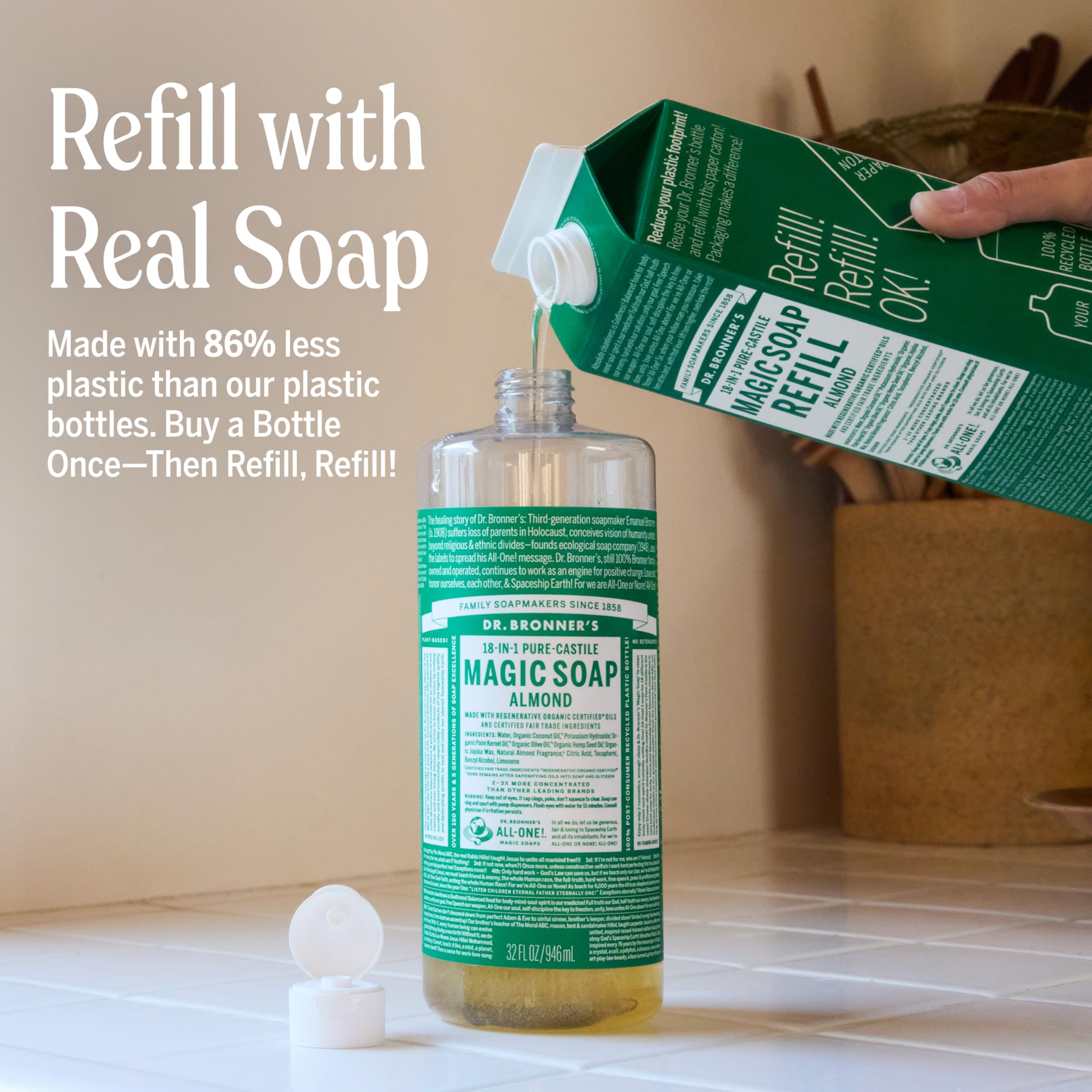 Dr. Bronner's Pure-Castile Almond Soap pour demonstrates easy refill for multi-use routines.