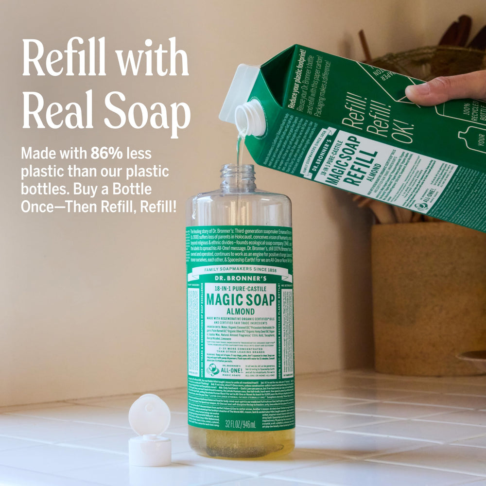 Dr. Bronner's Pure-Castile Almond Soap pour demonstrates easy refill for multi-use routines.