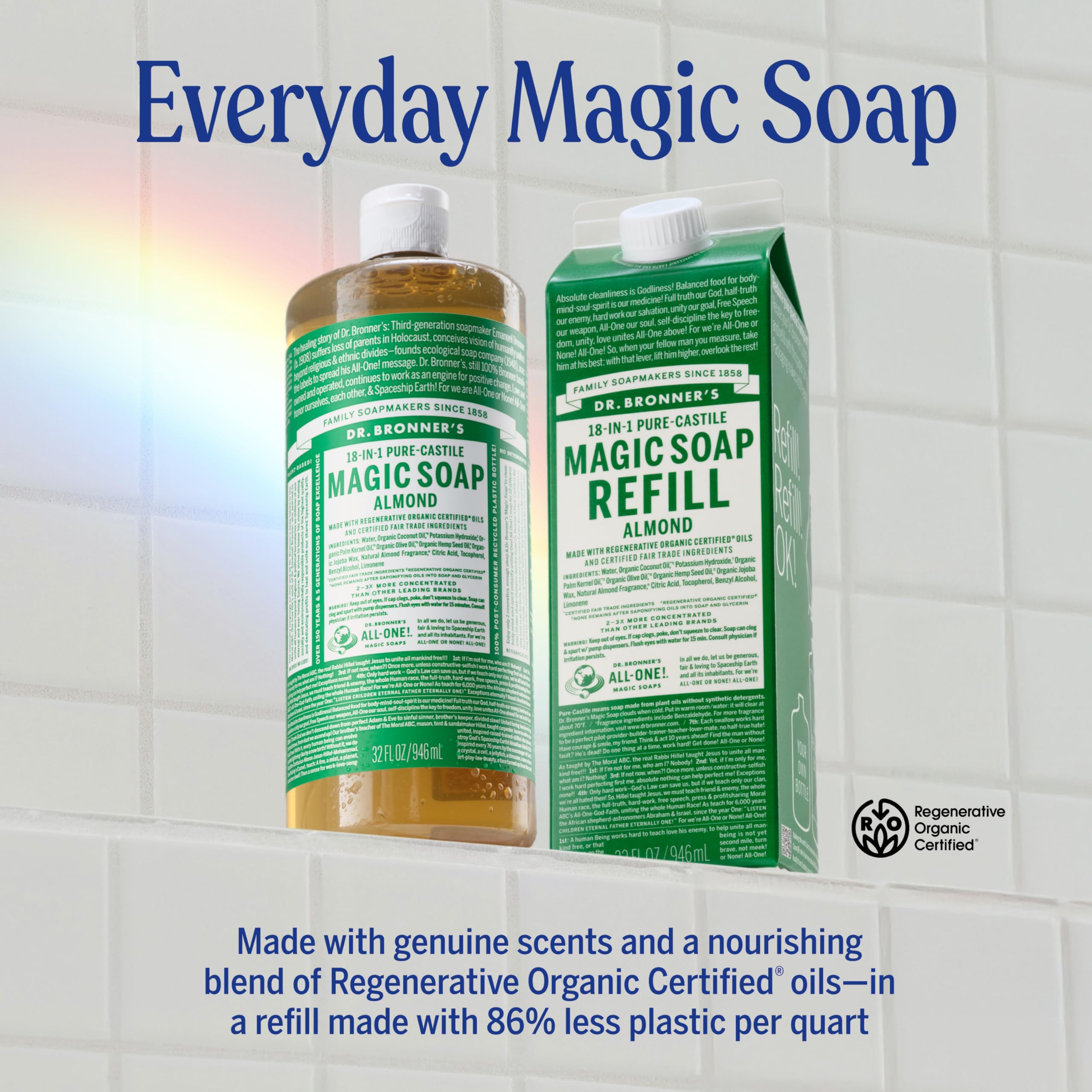 Dr. Bronner's Pure-Castile Almond Soap rinse illustrates a clean, residue-free finish.