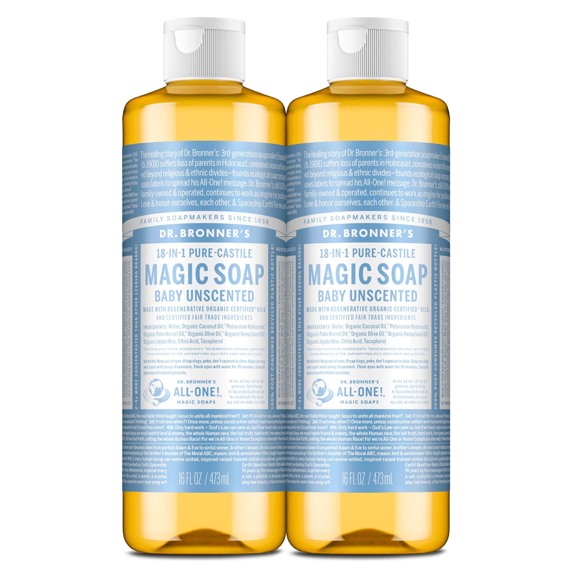 Dr. Bronner's Baby Unscented Pure-Castile two-pack bottles for versatile cleansing
