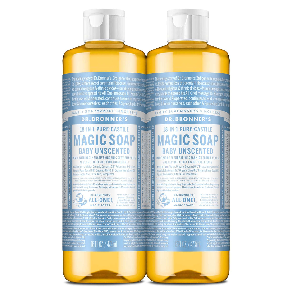 Dr. Bronner's Baby Unscented Pure-Castile two-pack bottles for versatile cleansing