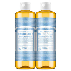 Dr. Bronner's Baby Unscented Pure-Castile two-pack bottles for versatile cleansing