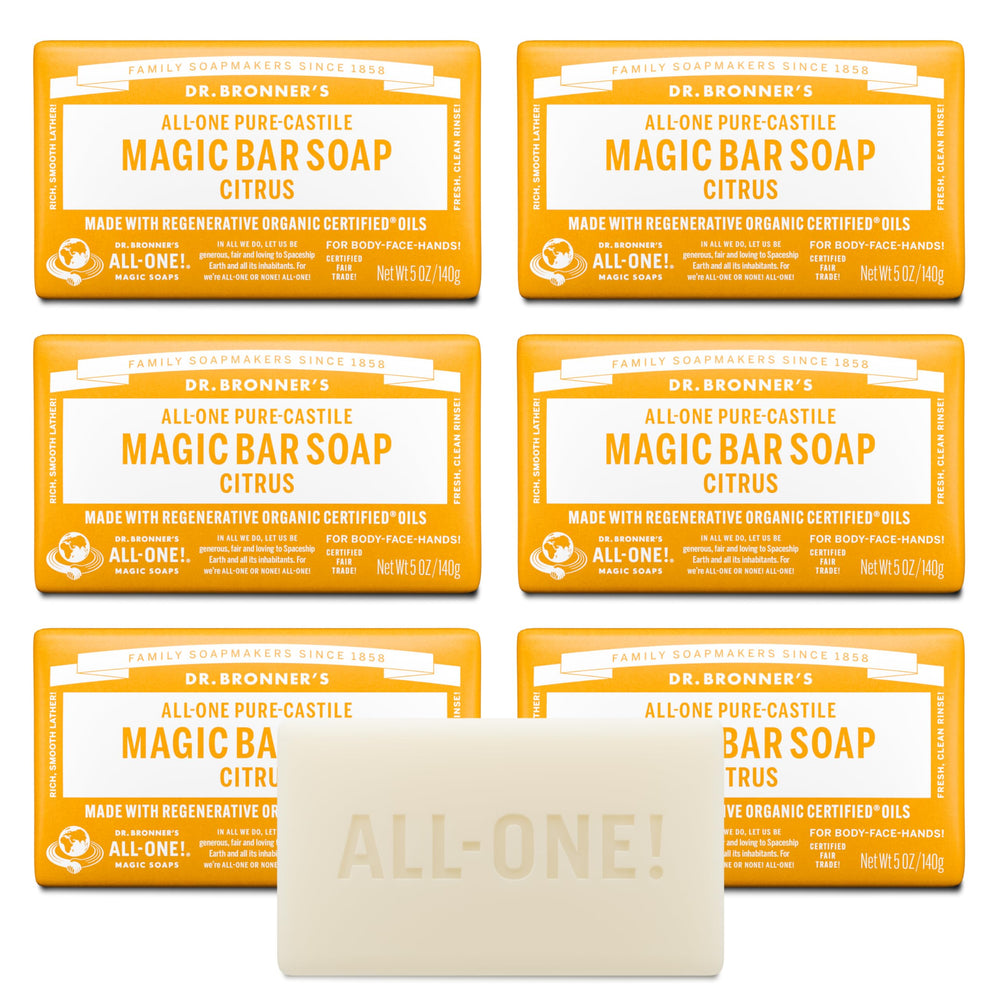Dr. Bronner's citrus castile bar lather delivers refreshing cleanse