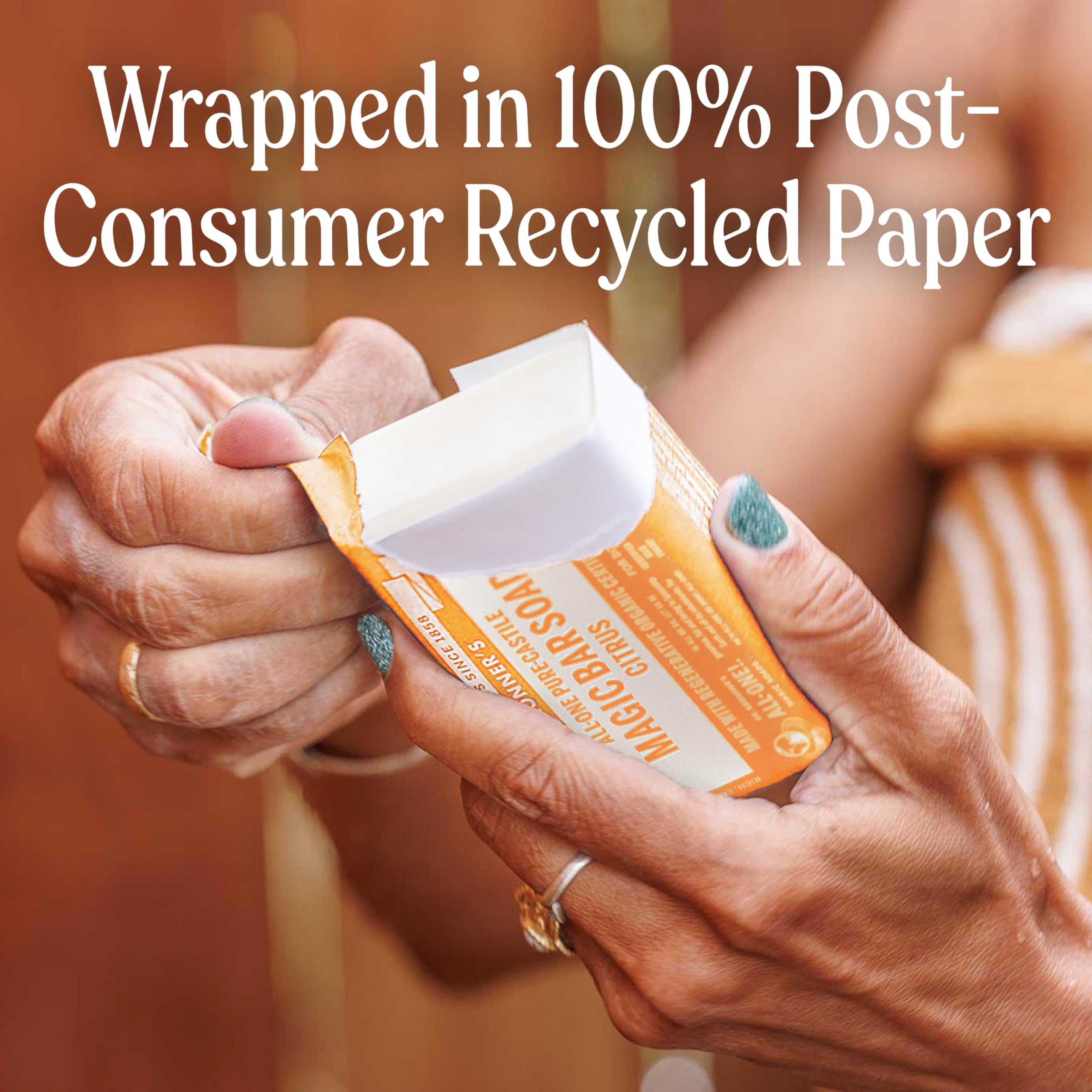 Dr. Bronner's citrus bar packaging wrapped in recycled paper