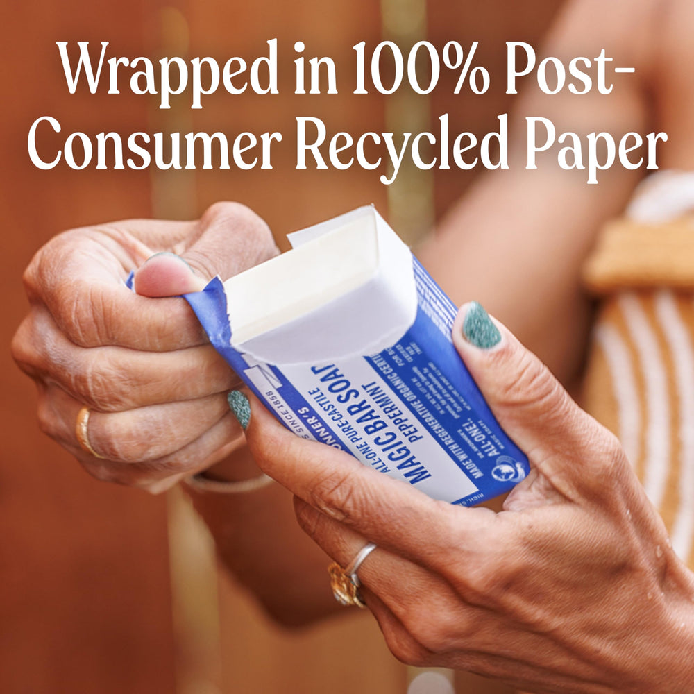 Dr. Bronner's bar ingredients shown clearly, no synthetic detergents—simple, effective cleansing