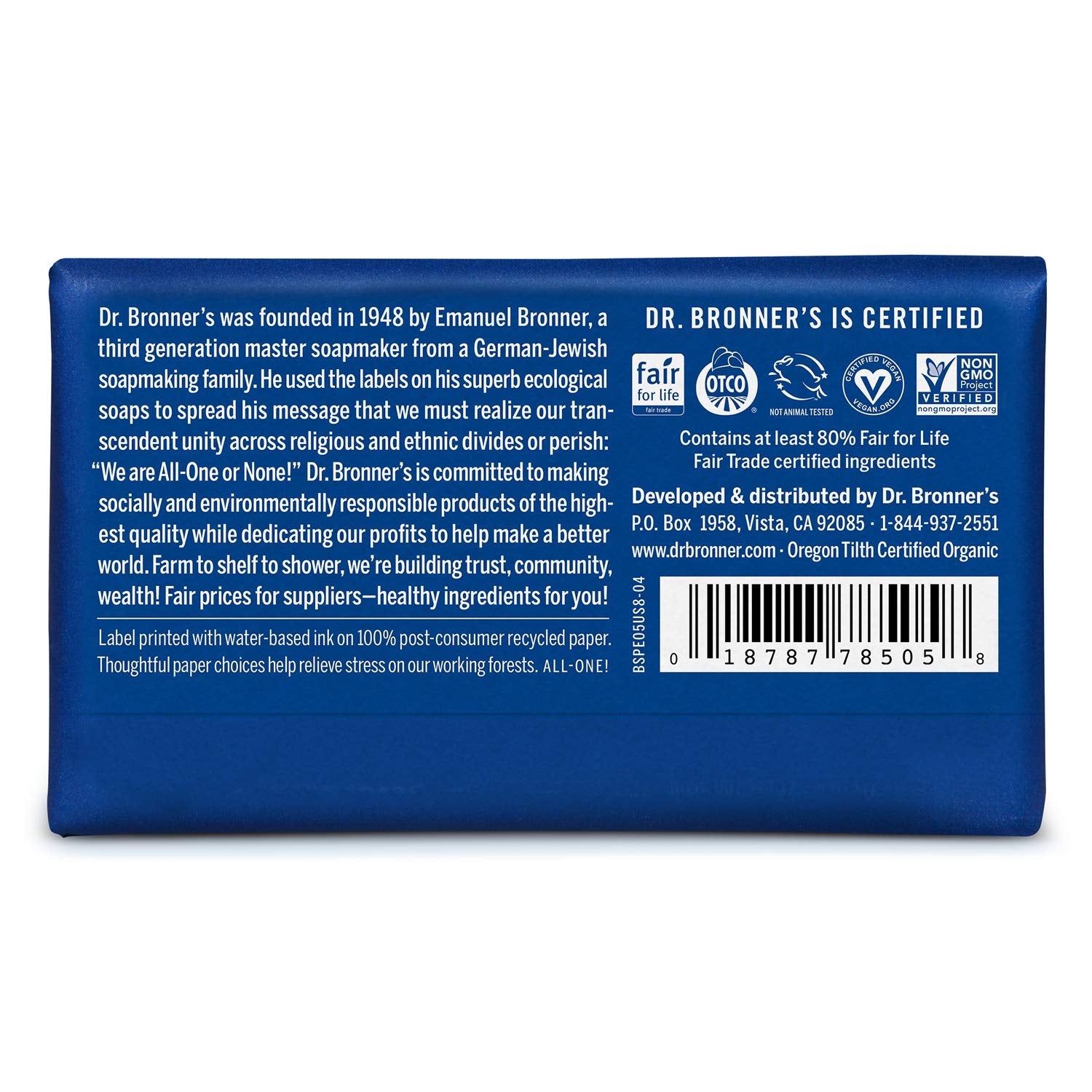 Dr. Bronner's peppermint bar with organic oils for face, body, hair.