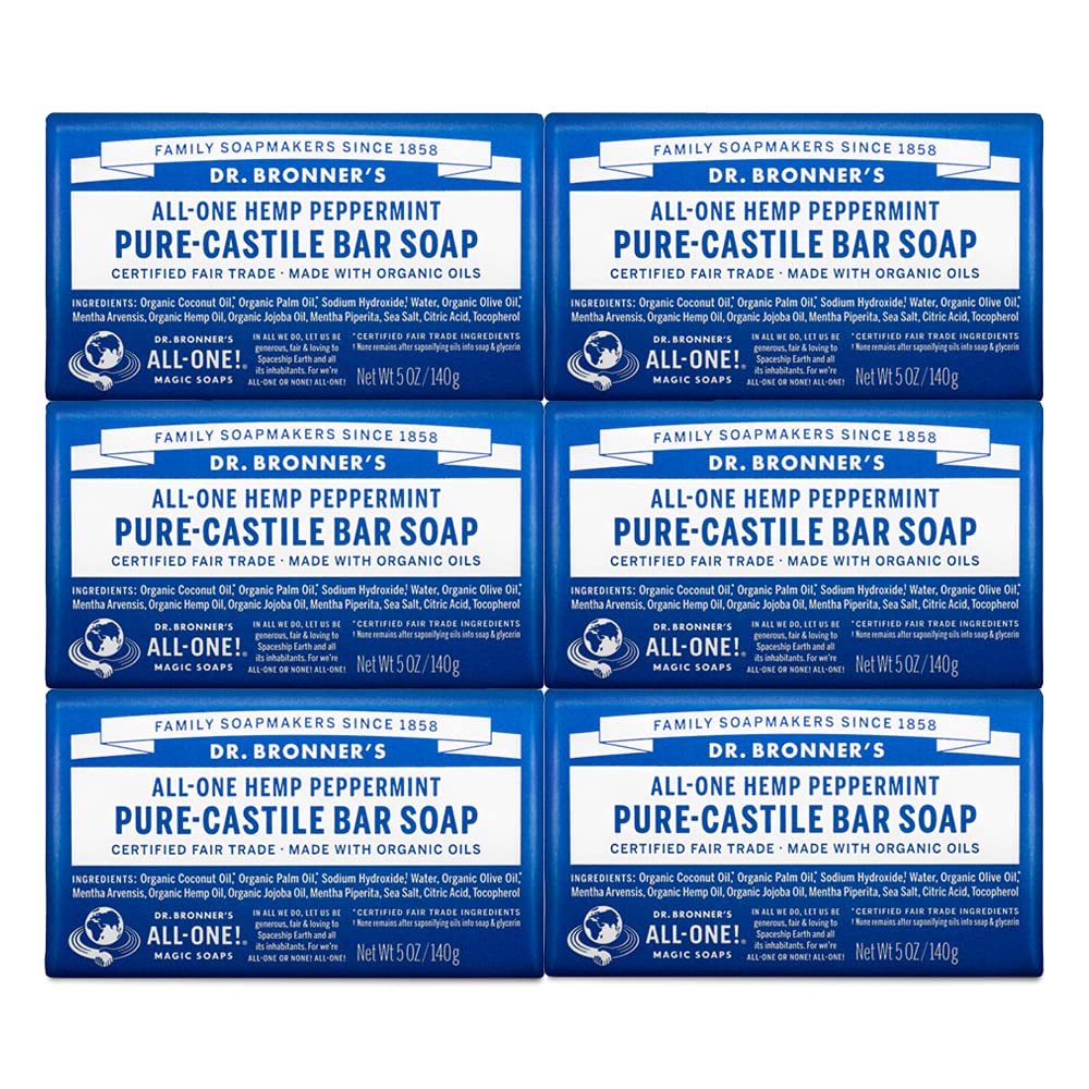Dr. Bronner's peppermint Pure-Castile bar soap six-pack for daily cleansing.