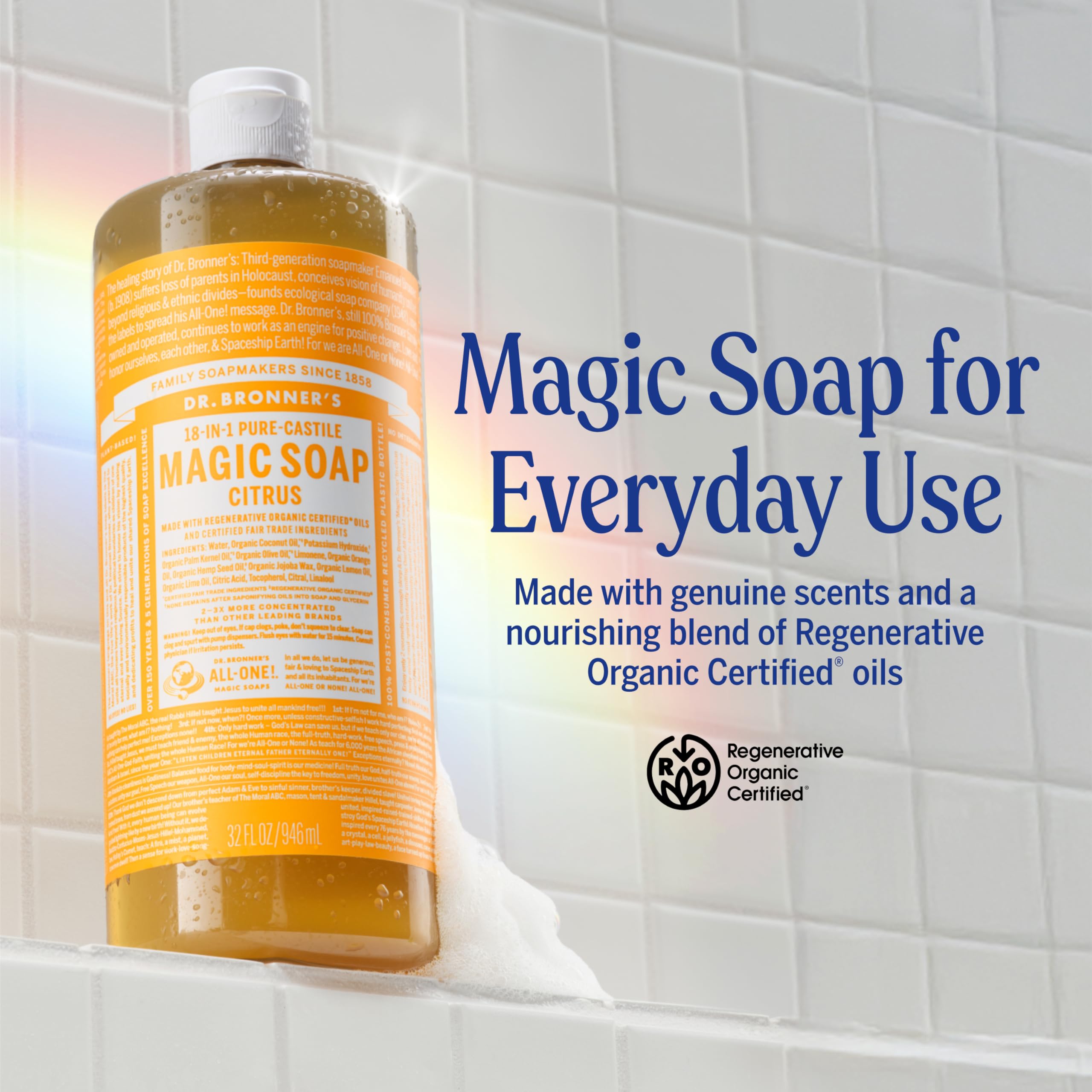 Dr. Bronner's citrus castile soap bottle with refreshing scent.