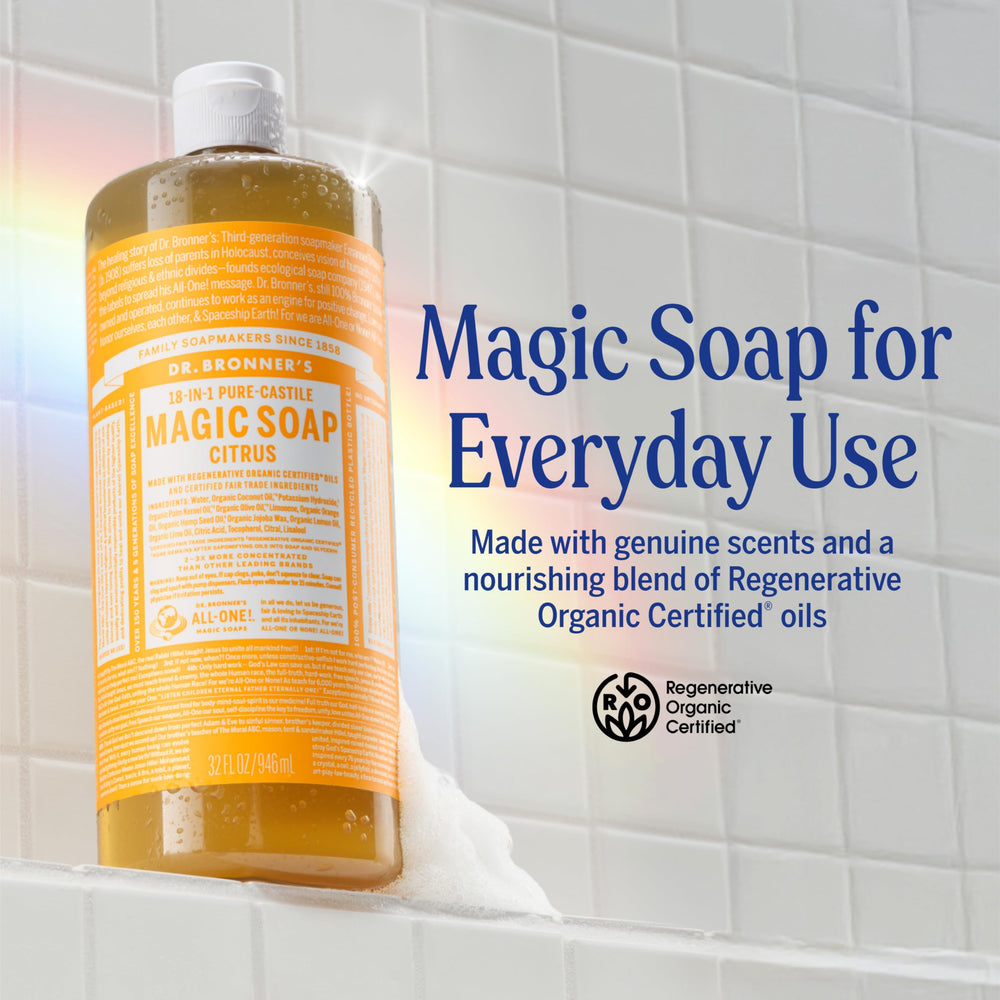Dr. Bronner's citrus castile soap bottle with refreshing scent.