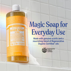 Dr. Bronner's citrus castile soap bottle with refreshing scent.