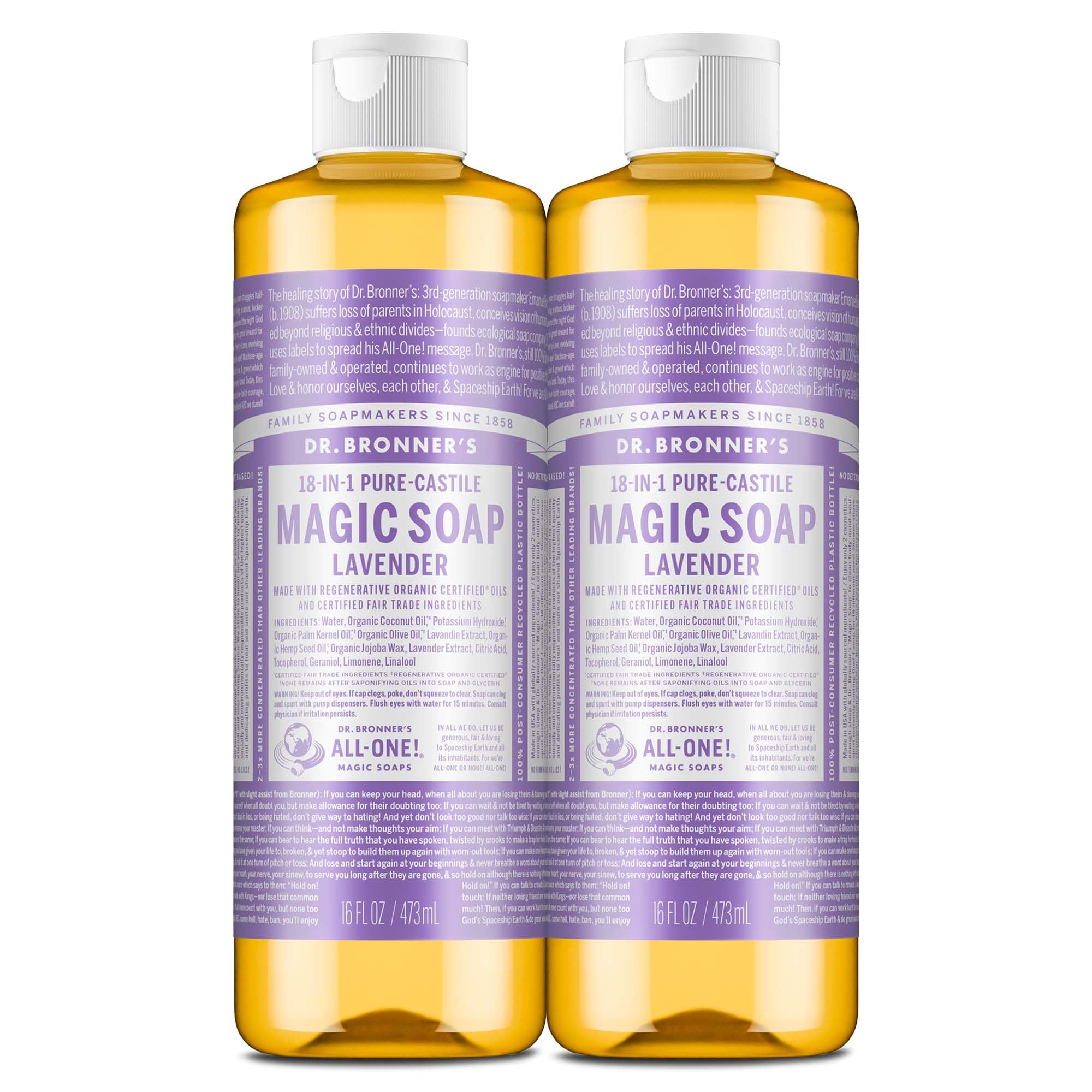 Dr. Bronner's Pure-Castile Lavender bottle close-up showing versatile cleansing options.