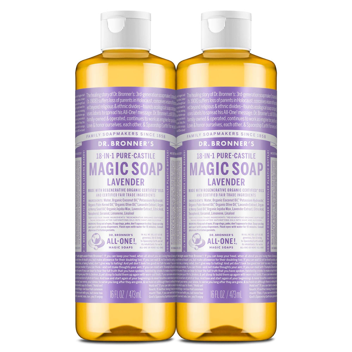 Dr. Bronner's Pure-Castile Lavender bottle close-up showing versatile cleansing options.