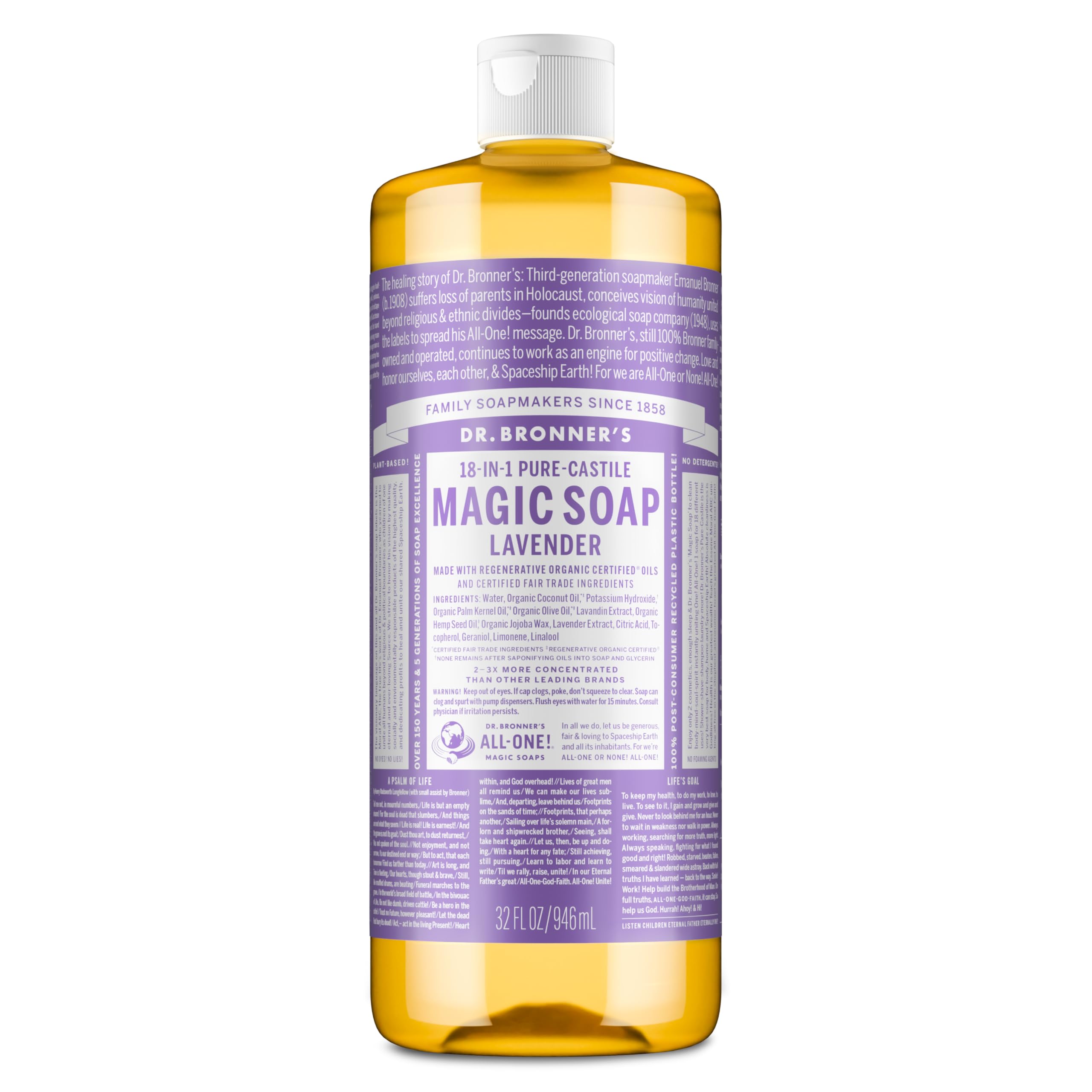 Dr. Bronner's Lavender Pure-Castile bottle ready for versatile skin care and home cleaning