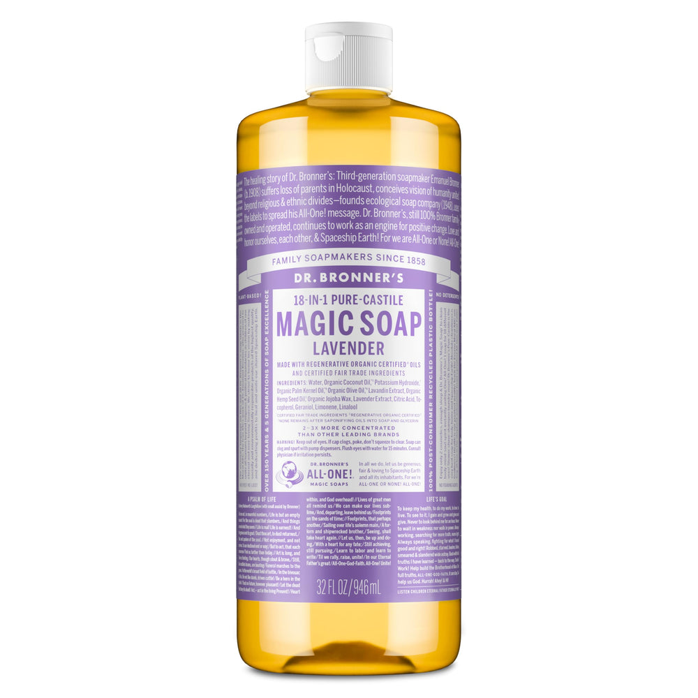 Dr. Bronner's Lavender Pure-Castile bottle ready for versatile skin care and home cleaning