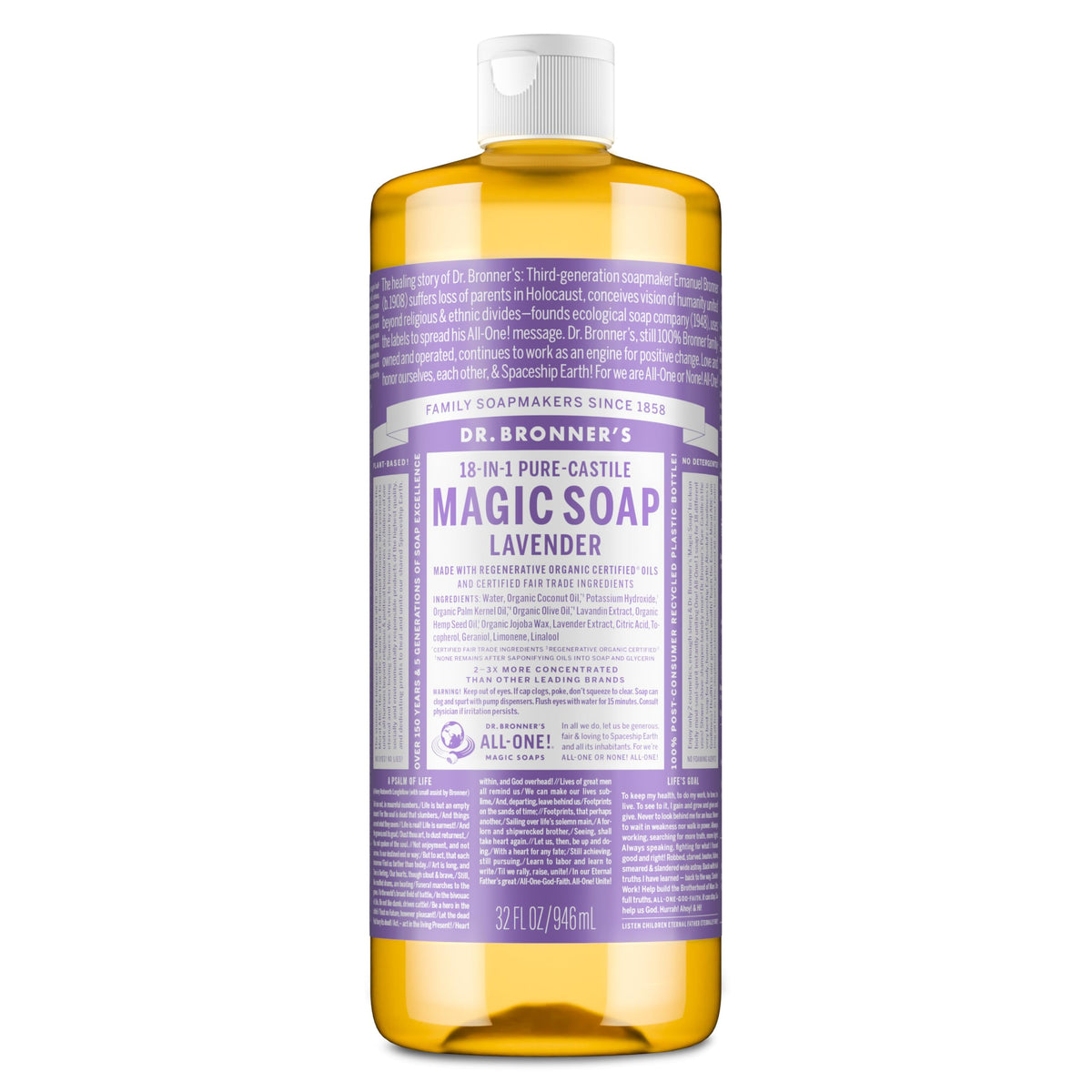 Dr. Bronner's Lavender Pure-Castile bottle ready for versatile skin care and home cleaning