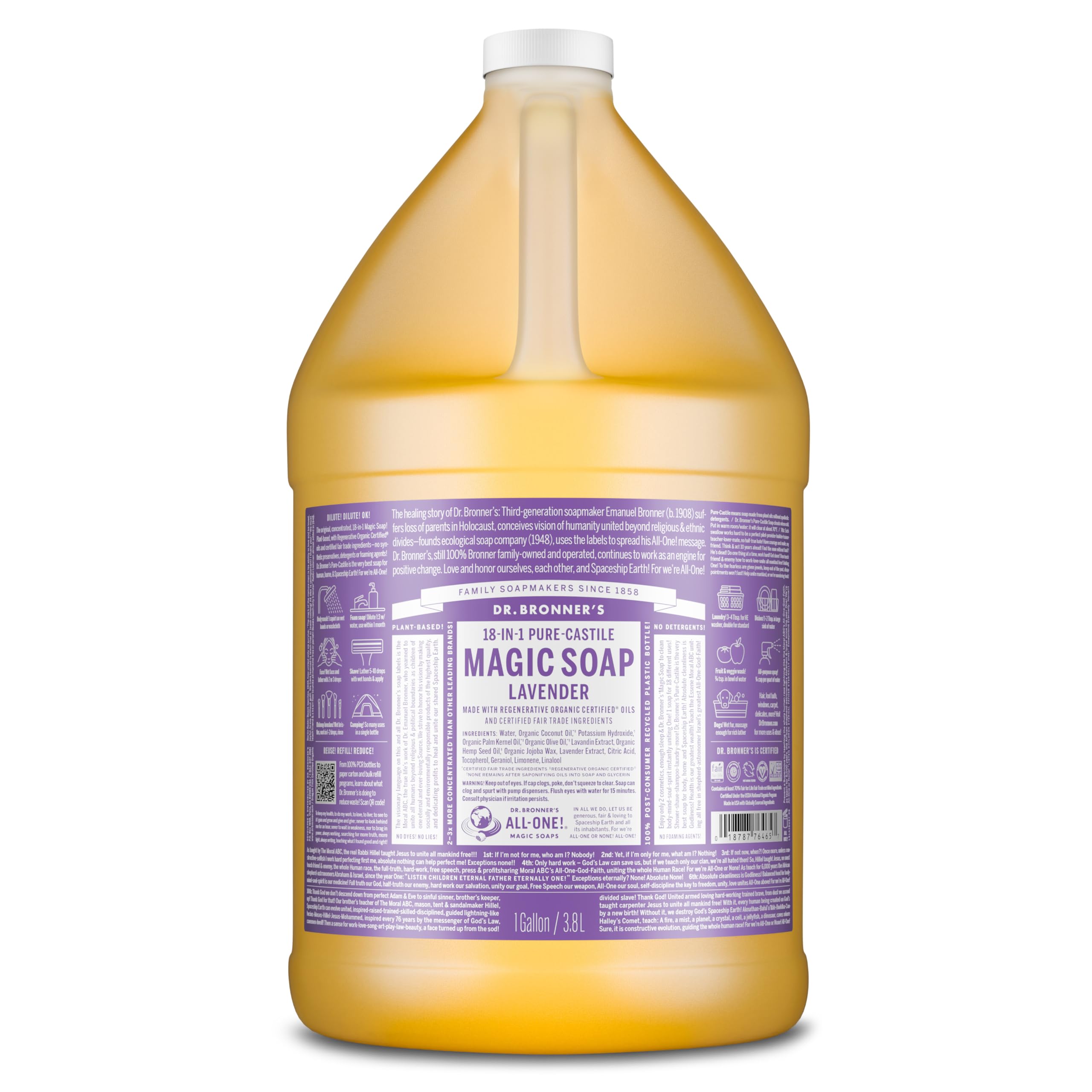 Dr. Bronner's lavender castile bottle with rich lather for skin cleansing.