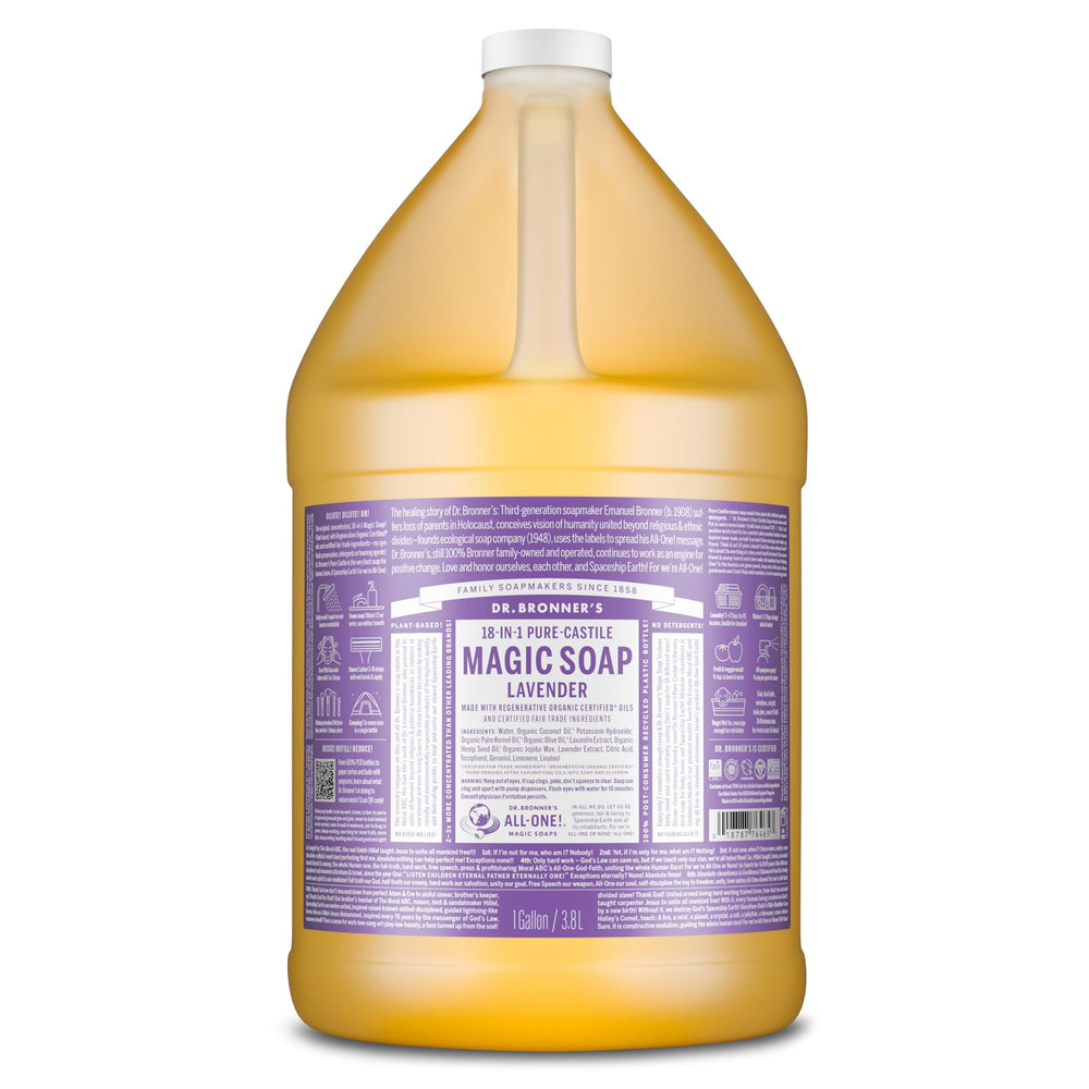 Dr. Bronner's lavender castile bottle with rich lather for skin cleansing.