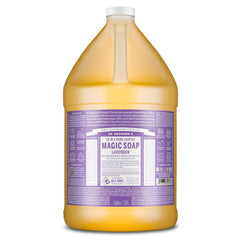 Dr. Bronner's lavender castile bottle with rich lather for skin cleansing.