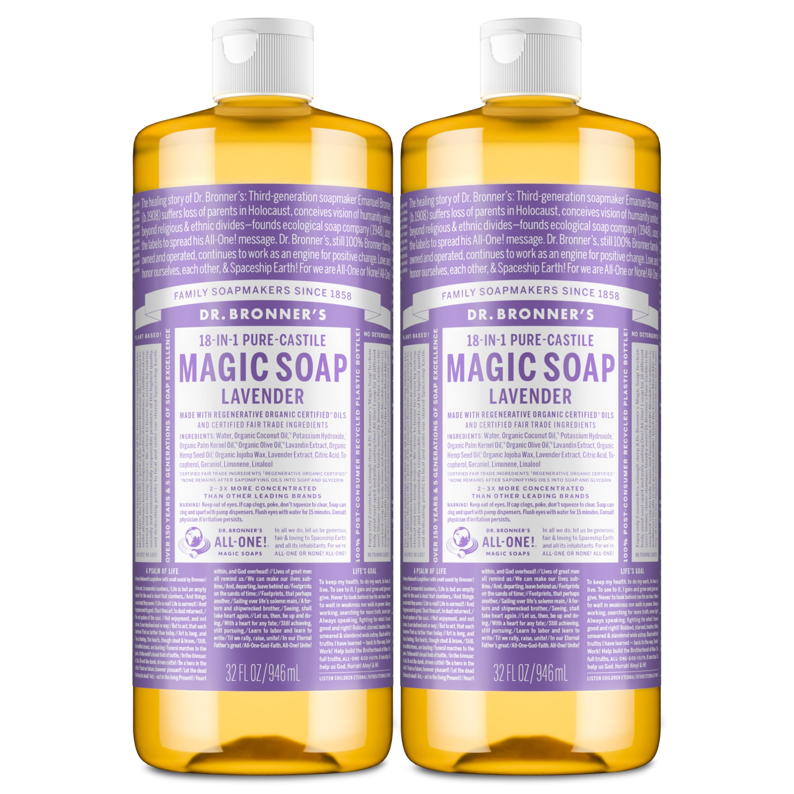 Dr. Bronner's Pure-Castile Lavender bottle demonstrates versatile use for body and dishwashing.