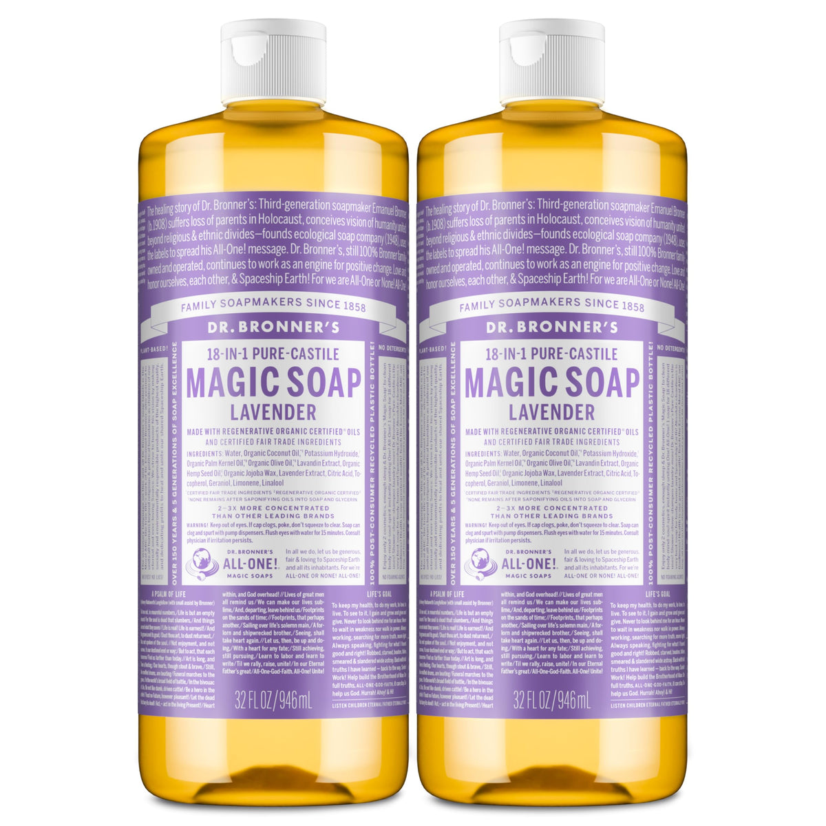 Dr. Bronner's Pure-Castile Lavender bottle demonstrates versatile use for body and dishwashing.
