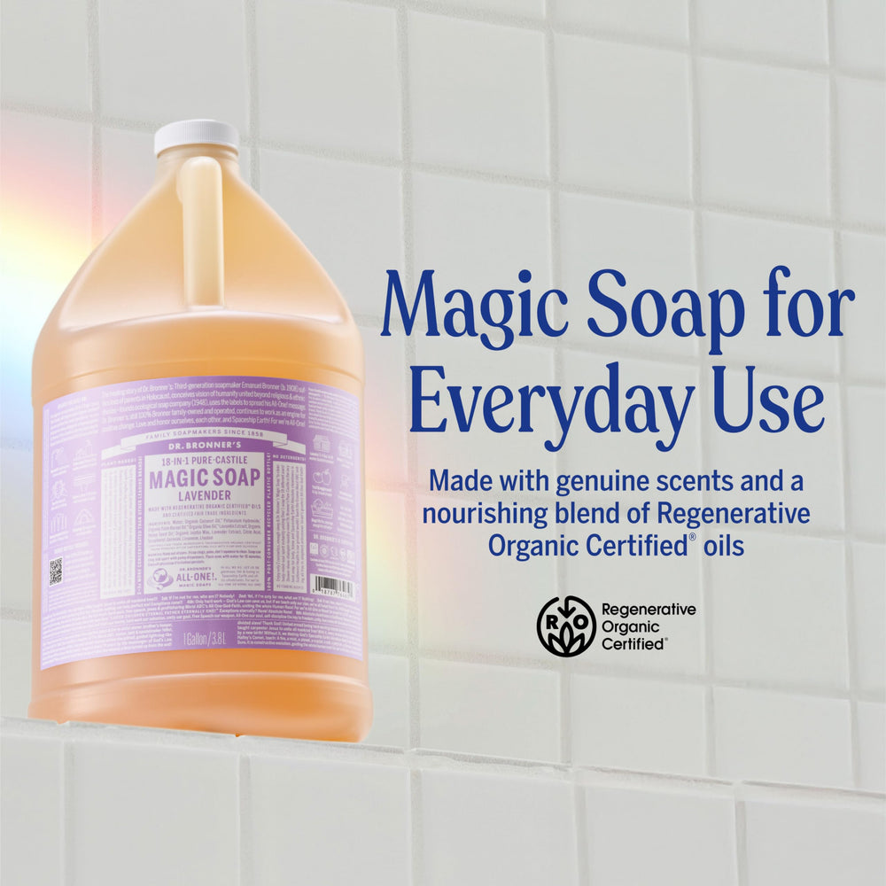 Dr. Bronner's lavender liquid soap used as dish soap after dilution.