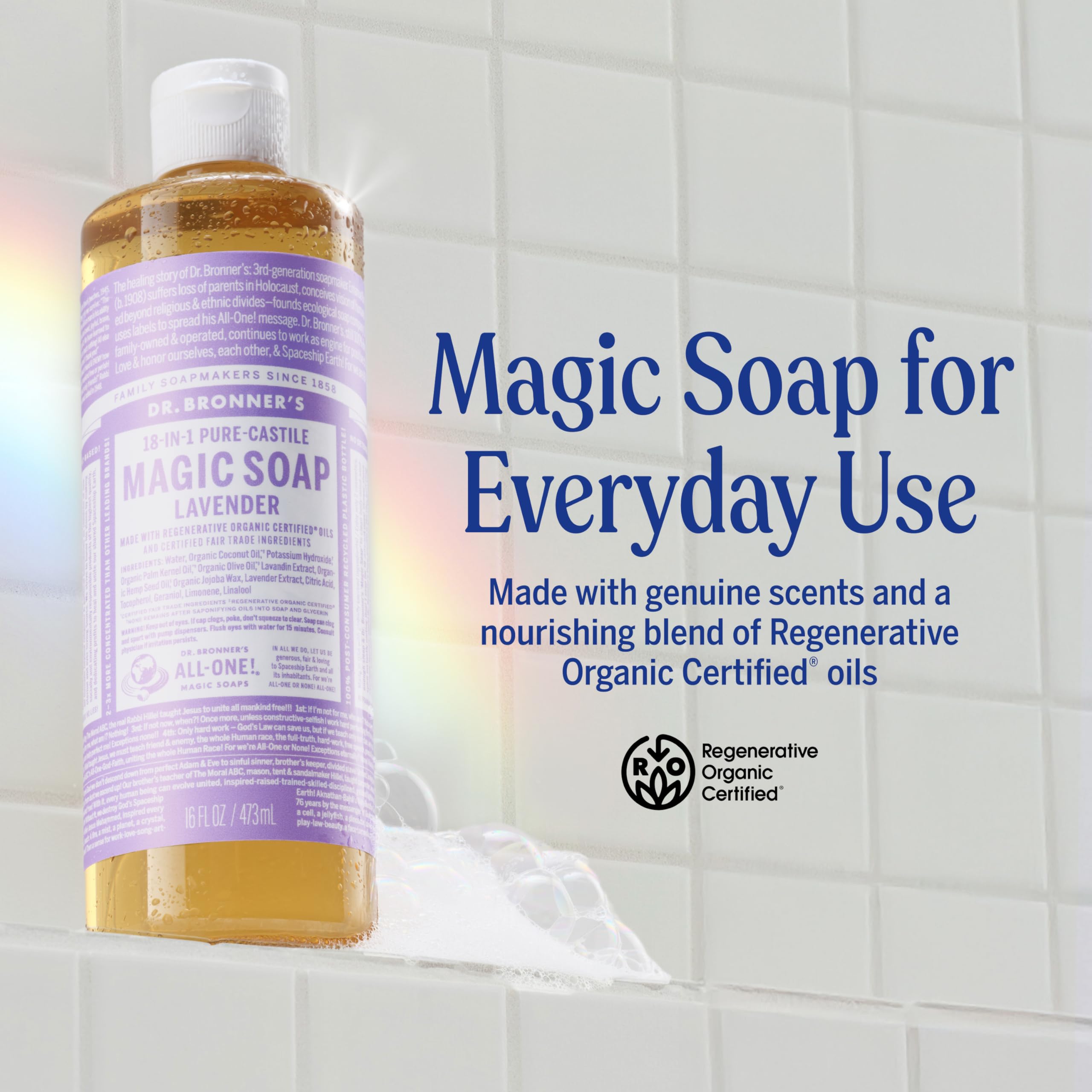 Dr. Bronner's Lavender lather highlights rich foam for face and body use.