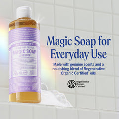 Dr. Bronner's Lavender lather highlights rich foam for face and body use.