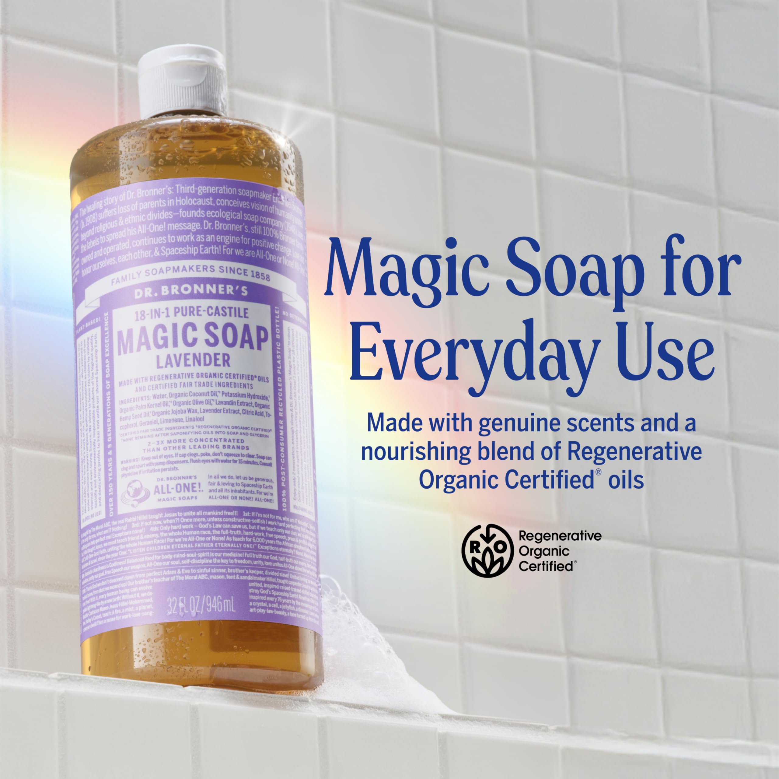 Dr. Bronner's Lavender lather highlights rich foam for face and body cleansing