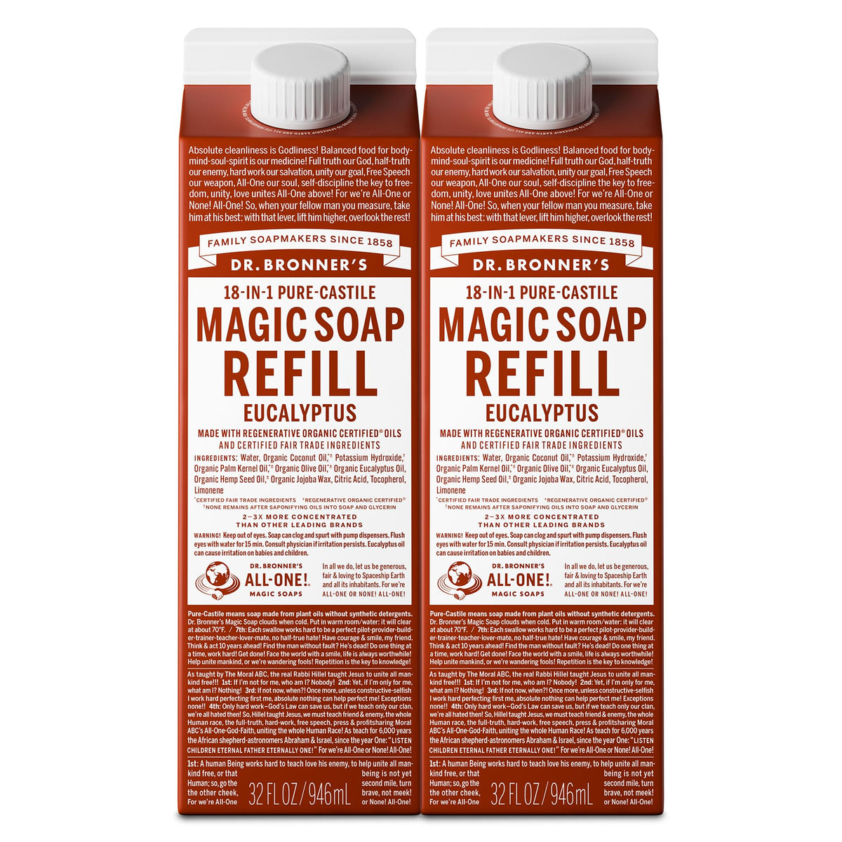 Dr. Bronner's Pure-Castile Refill bottle in Eucalyptus for versatile cleaning