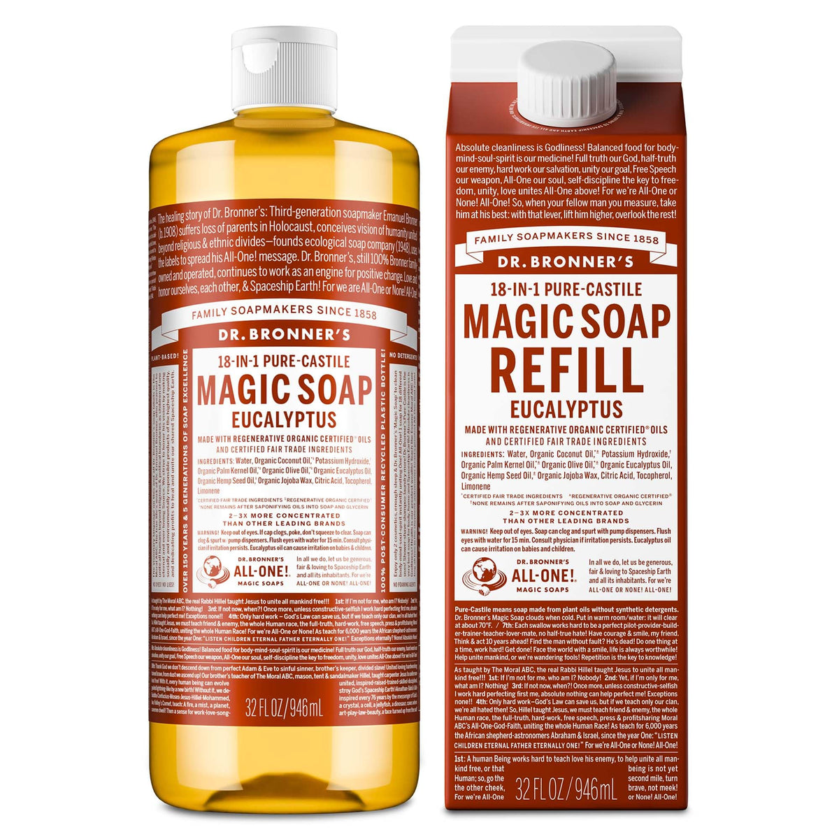 Dr. Bronner's Pure-Castile soap bottle with eucalyptus for daily cleansing