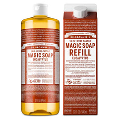 Dr. Bronner's Pure-Castile soap bottle with eucalyptus for daily cleansing
