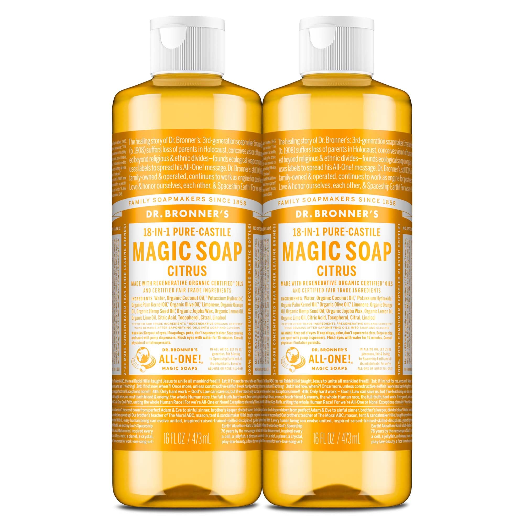 Dr. Bronner's Pure-Castile Citrus 2-pack bottles in eco-friendly packaging for sustainable cleaning.