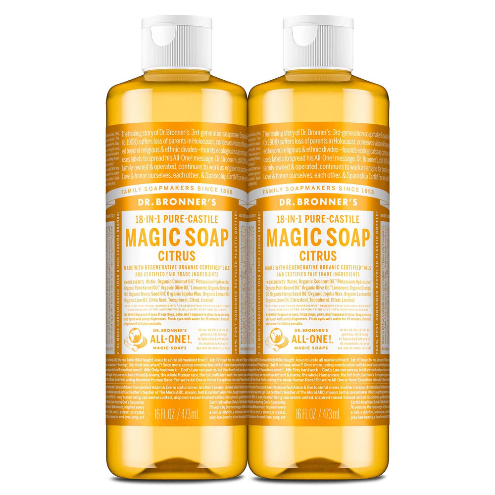 Dr. Bronner's Pure-Castile Citrus 2-pack bottles in eco-friendly packaging for sustainable cleaning.