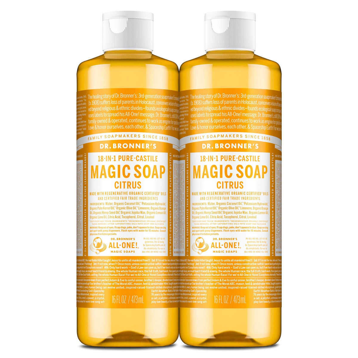 Dr. Bronner's Pure-Castile Citrus 2-pack bottles in eco-friendly packaging for sustainable cleaning.