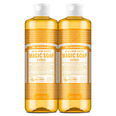Dr. Bronner's Pure-Castile Citrus 2-pack bottles in eco-friendly packaging for sustainable cleaning.
